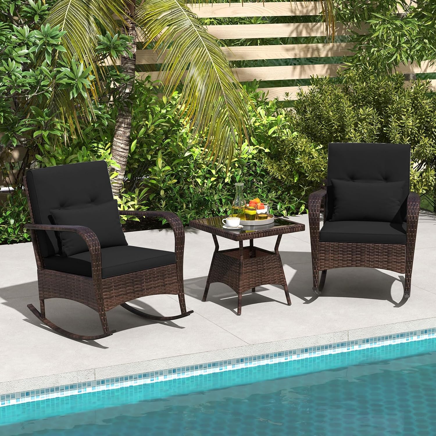 ORALNER 3 Pieces Patio Furniture Set, Outdoor Wicker Rocking Chairs with Cushions, Pillows, Glass Coffee Table, Rattan Bistro Rocker Set for Balcony Front Porch Poolside Garden Deck Yard (Black)