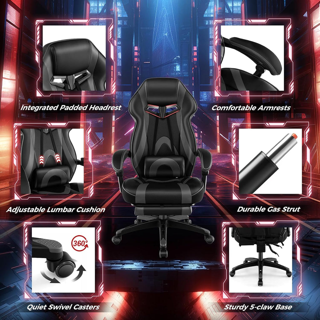 COSTWAY Gaming Chair, Ergonomic Adjustable Racing Video Game Chair w/Retractable Footrest, Padded Headrest & Lumbar Support, High Back Reclining Home Office Computer Gamer Chair for Adults (Grey)