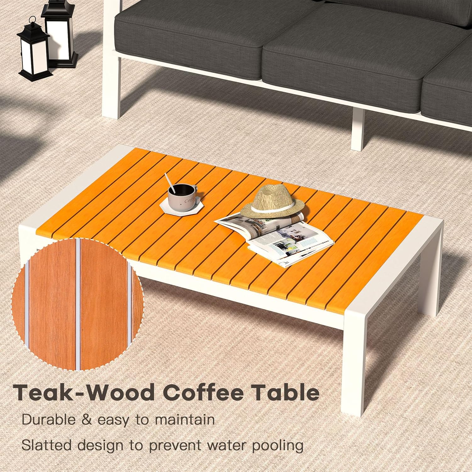 Aluminum Patio Furniture Set, 5 Piece Modern Outdoor Coversation Sets with Teak Coffee Table, Metal Sectional Sofa Couch for Porch, Balcony, Deck, Dark Gray