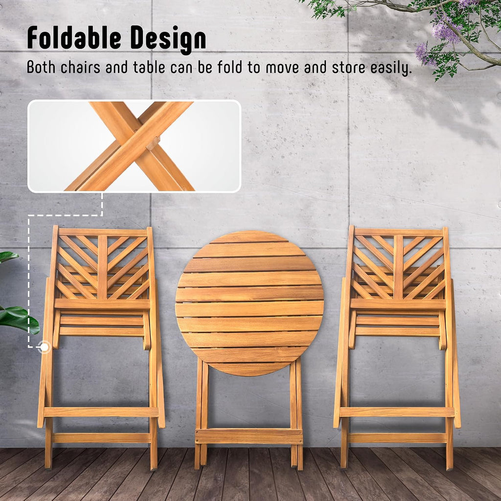 Werph 3-Piece Acacia Wood Patio Set, Foldable Bistro Table and Chairs Set of 2, Small Patio Furniture Set with Cushions, Folding Balcony Chairs Table Set for Apartment, Balcony, Deck or Porch