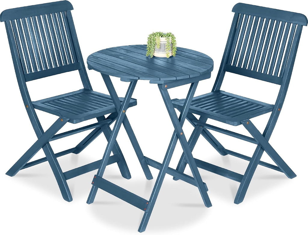 Best Choice Products 3-Piece Acacia Wood Bistro Set, Folding Patio Furniture for Backyard, Balcony, Deck w/ 2 Chairs, Round Coffee Table, Teak Finish - Slate Blue