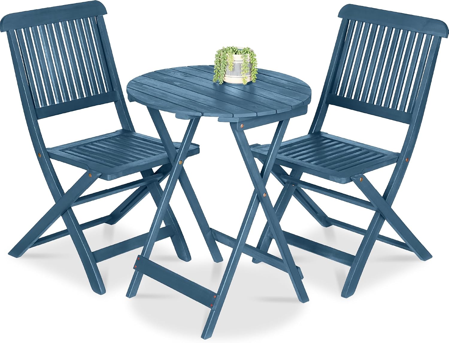 Best Choice Products 3-Piece Acacia Wood Bistro Set, Folding Patio Furniture for Backyard, Balcony, Deck w/ 2 Chairs, Round Coffee Table, Teak Finish - Slate Blue