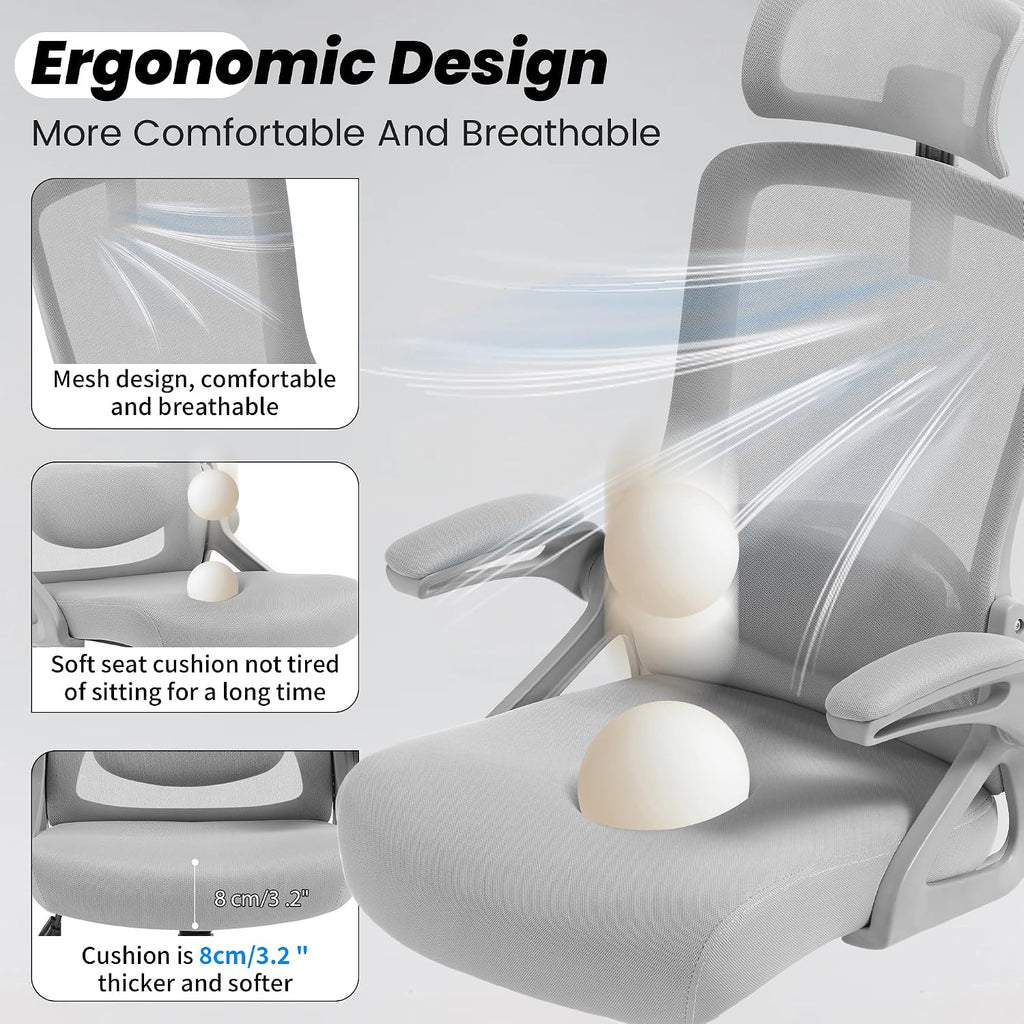 Fizzin Office Chair, Ergonomic Office Chair with Adjustable Headrest Lumbar Support Computer Chair, 400 lbs Desk Chair Comfy with Flip-up Armrests - Gaming Chairs for Adults Home Office (Gray)