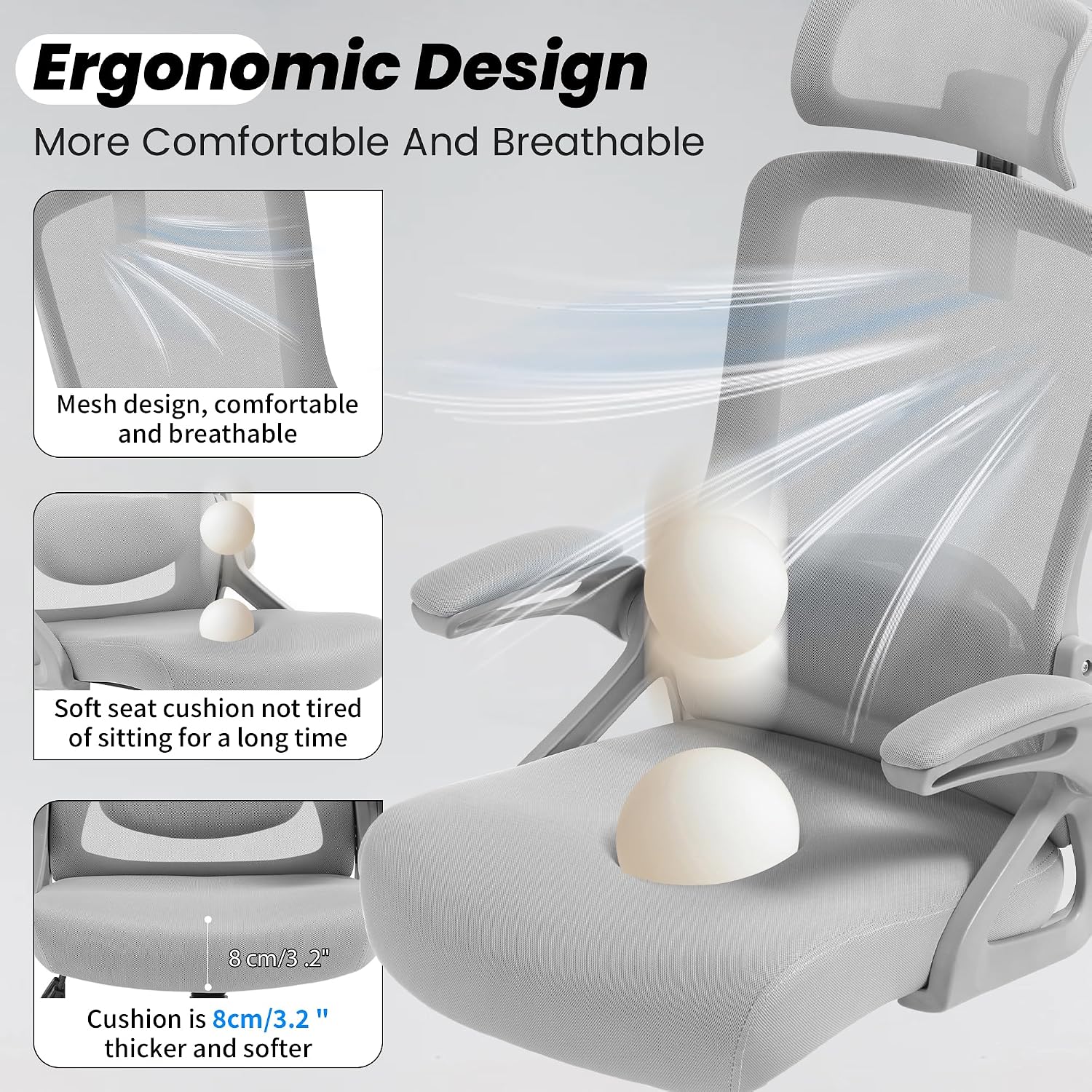 Fizzin Office Chair, Ergonomic Office Chair with Adjustable Headrest Lumbar Support Computer Chair, 400 lbs Desk Chair Comfy with Flip-up Armrests - Gaming Chairs for Adults Home Office (Gray)