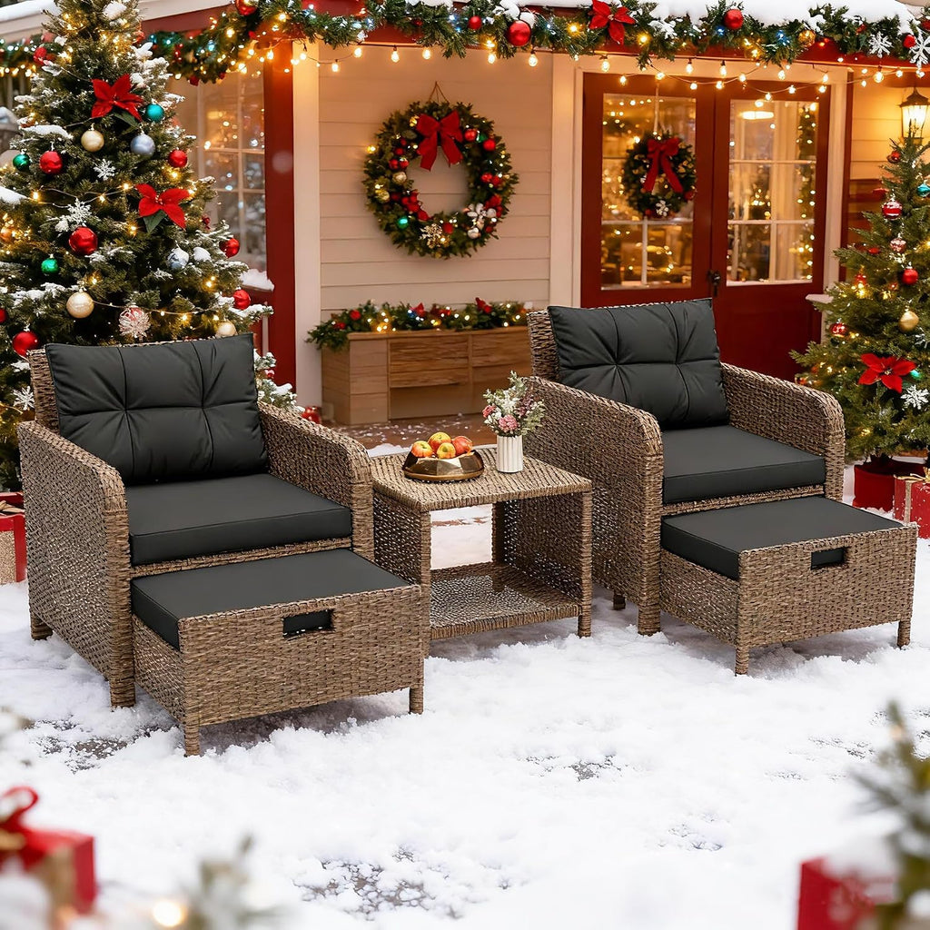 Balcony Furniture 5 Pieces Patio Set, Hand-Woven Rattan Patio Conversation Set with Soft Cushions & Coffee Table, Outdoor Chairs with Hidden Ottoman for Porch, Lawn, Garden, Balcony, Black