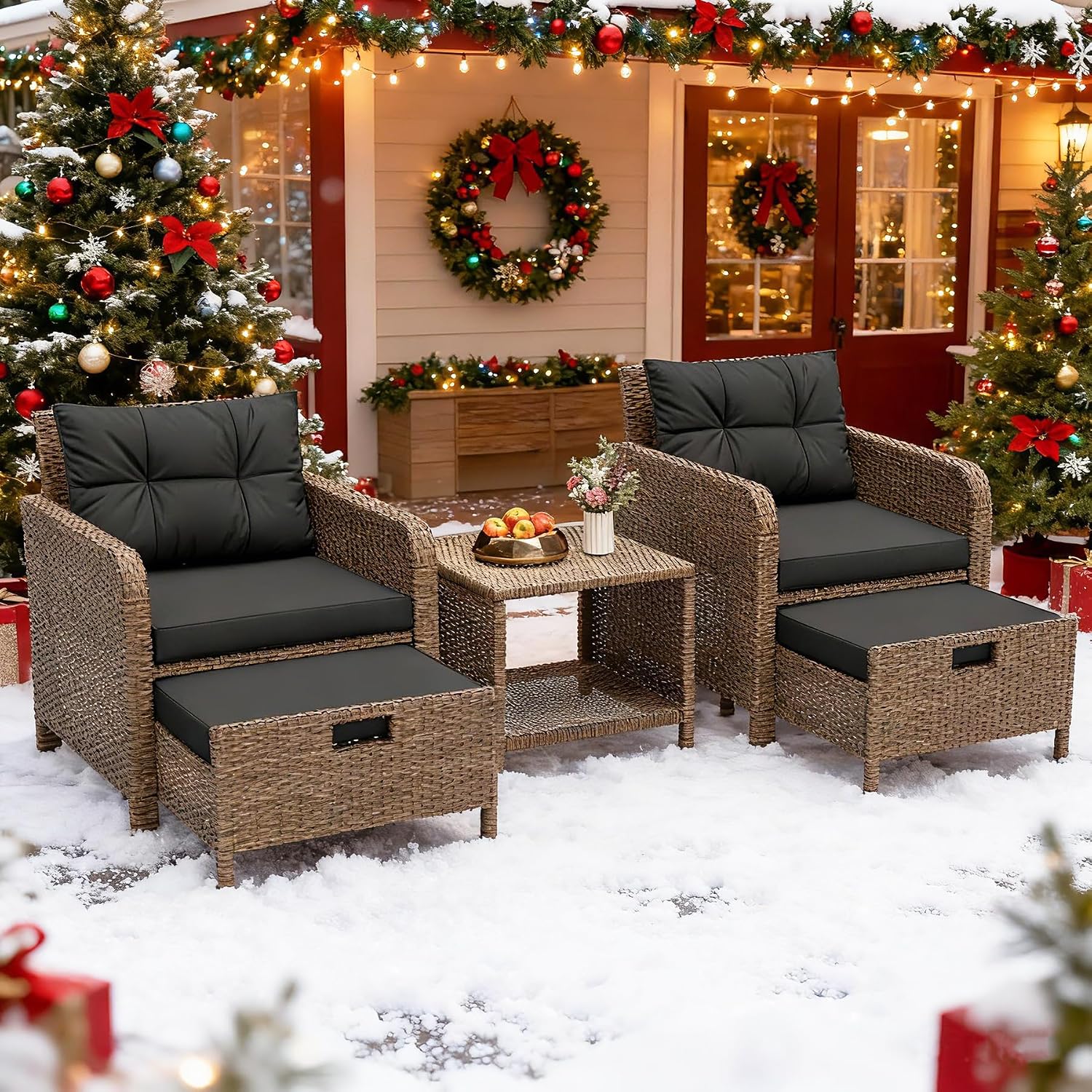 Balcony Furniture 5 Pieces Patio Set, Hand-Woven Rattan Patio Conversation Set with Soft Cushions & Coffee Table, Outdoor Chairs with Hidden Ottoman for Porch, Lawn, Garden, Balcony, Black