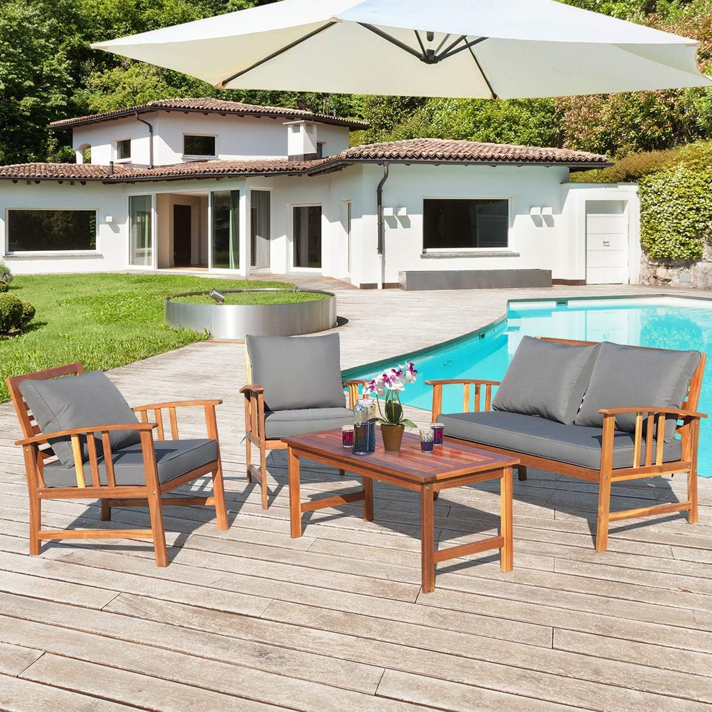 Tangkula 4 Pieces Acacia Wood Patio Furniture Set, Outdoor Seating Chat Set with Gray Cushions & Back Pillow, Conversation Set with Coffee Table, Ideal for Garden, Backyard, Poolside