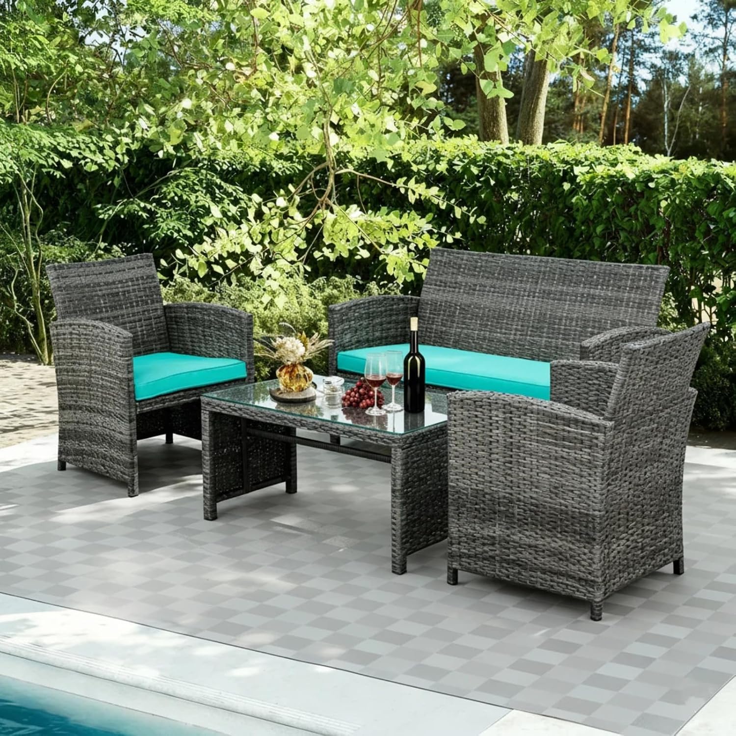 JAMFLY 4 Piece Outdoor Patio Furniture Set, Outdoor Wicker Rattan Chairs Conversation Sets with Cushions & Coffee Table for Outside, Garden, Balcony, Porch, Blue