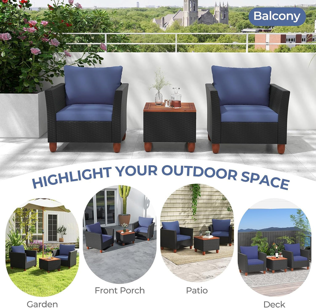 ORALNER 3 Pieces Patio Furniture Set, Outdoor Wicker Conversation Chairs with Cushion, Acacia Coffee Table, Rattan Bistro Set for Balcony Garden Backyard Front Porch Poolside (Blue)
