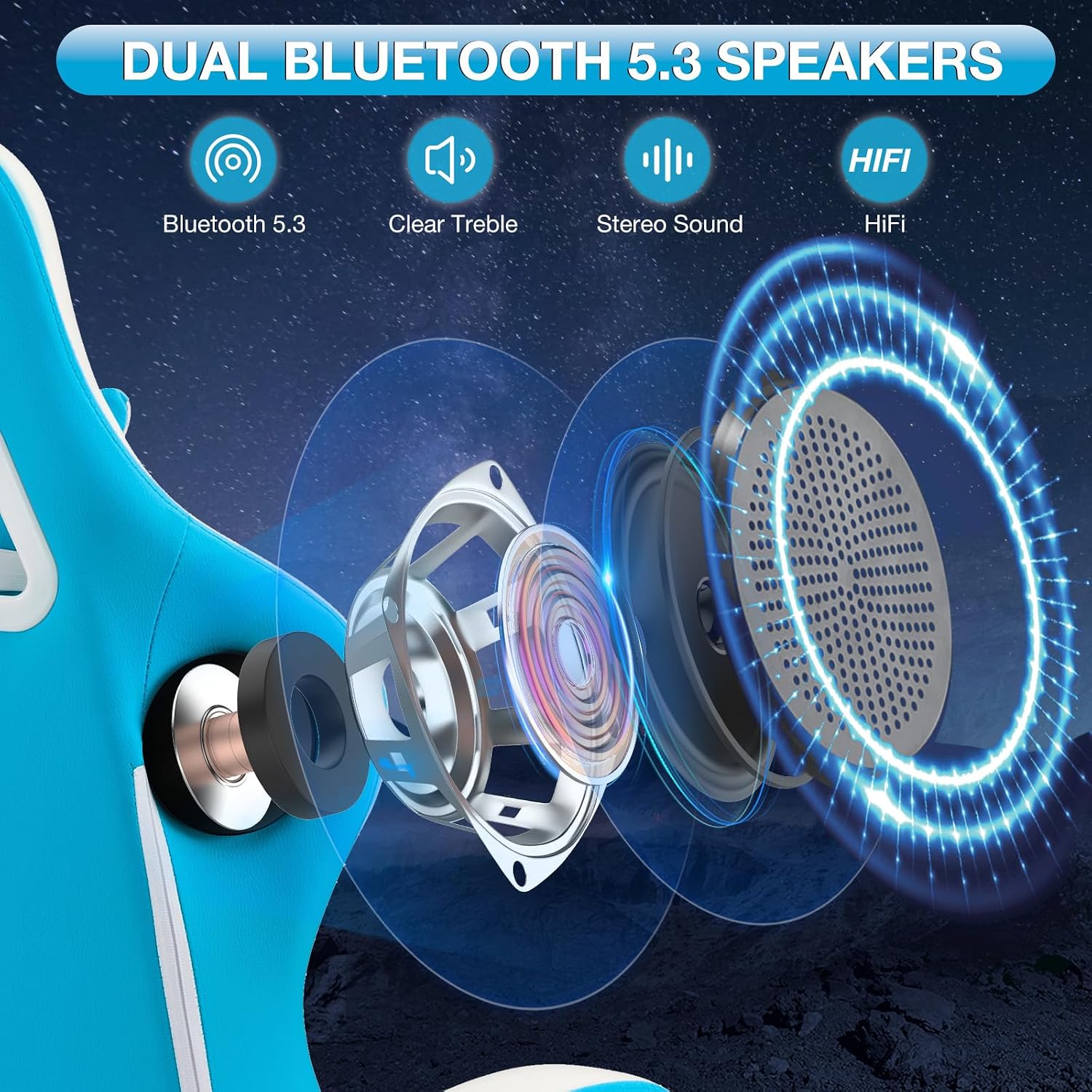 HOFFREE Gaming Chair Computer Chair with Speakers Massage Game Chairs with Footrest Bluetooth High Back Ergonomic Computer Gaming Chairs for Adults Reclining Video Gamer Chair Sky Blue and White