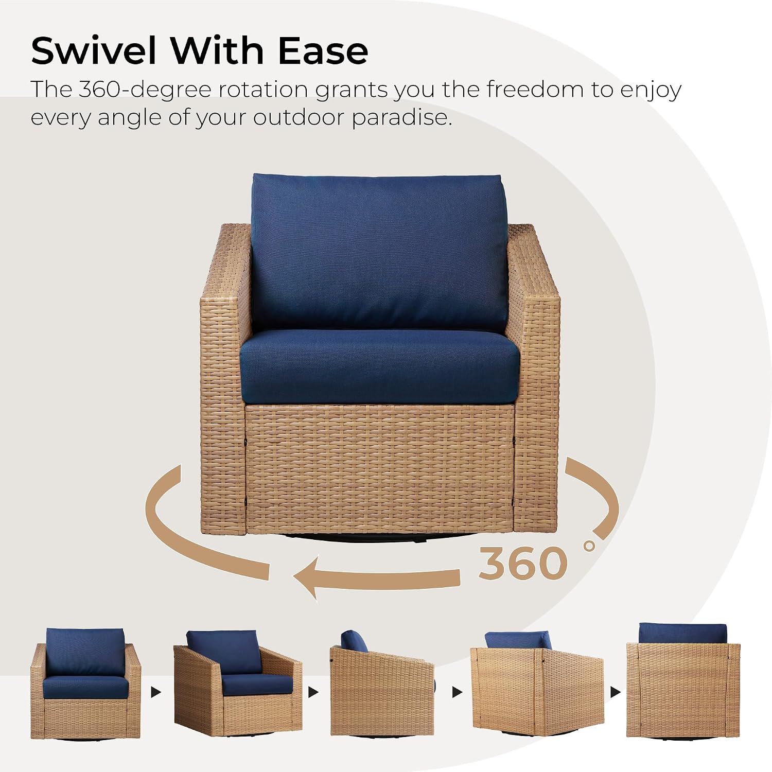 CHITA 5 Pieces Swivel Wicker Patio Furniture Set, Outdoor Conversation Set with 2 Pieces Rattan Swivel Chairs, 2 Pieces Ottomans, Thickened Cushions and Side Table, Blue Cushions with Brown Wicker
