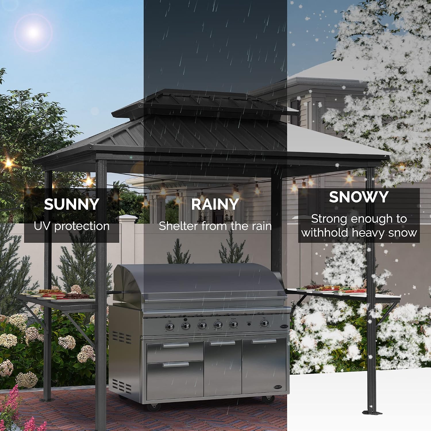 PURPLE LEAF 6.5' X 10' Hardtop Grill Gazebo for Patio Permanent Aluminum Barbeque Shelter Gazebo Canopy with Ceiling Hook and Shelves Double Tiered Grey Outdoor BBQ