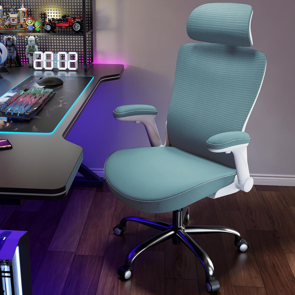 Ergalithic Office Home Ergonomic Desk Chair-Computer X-Shaped Chair Mesh PU Leather with Adjustable Lumbar Support-Executive Chair High Back with Headrest Flip-Up Arms for Long Hours (Sky Blue)