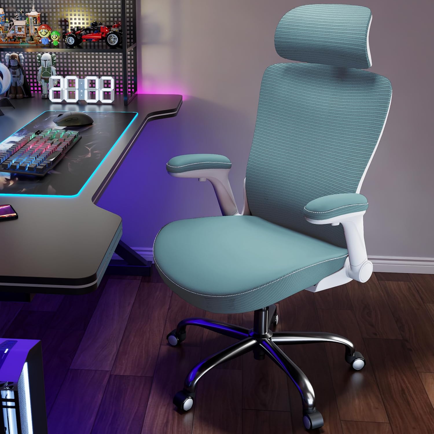 Ergalithic Office Home Ergonomic Desk Chair-Computer X-Shaped Chair Mesh PU Leather with Adjustable Lumbar Support-Executive Chair High Back with Headrest Flip-Up Arms for Long Hours (Sky Blue)