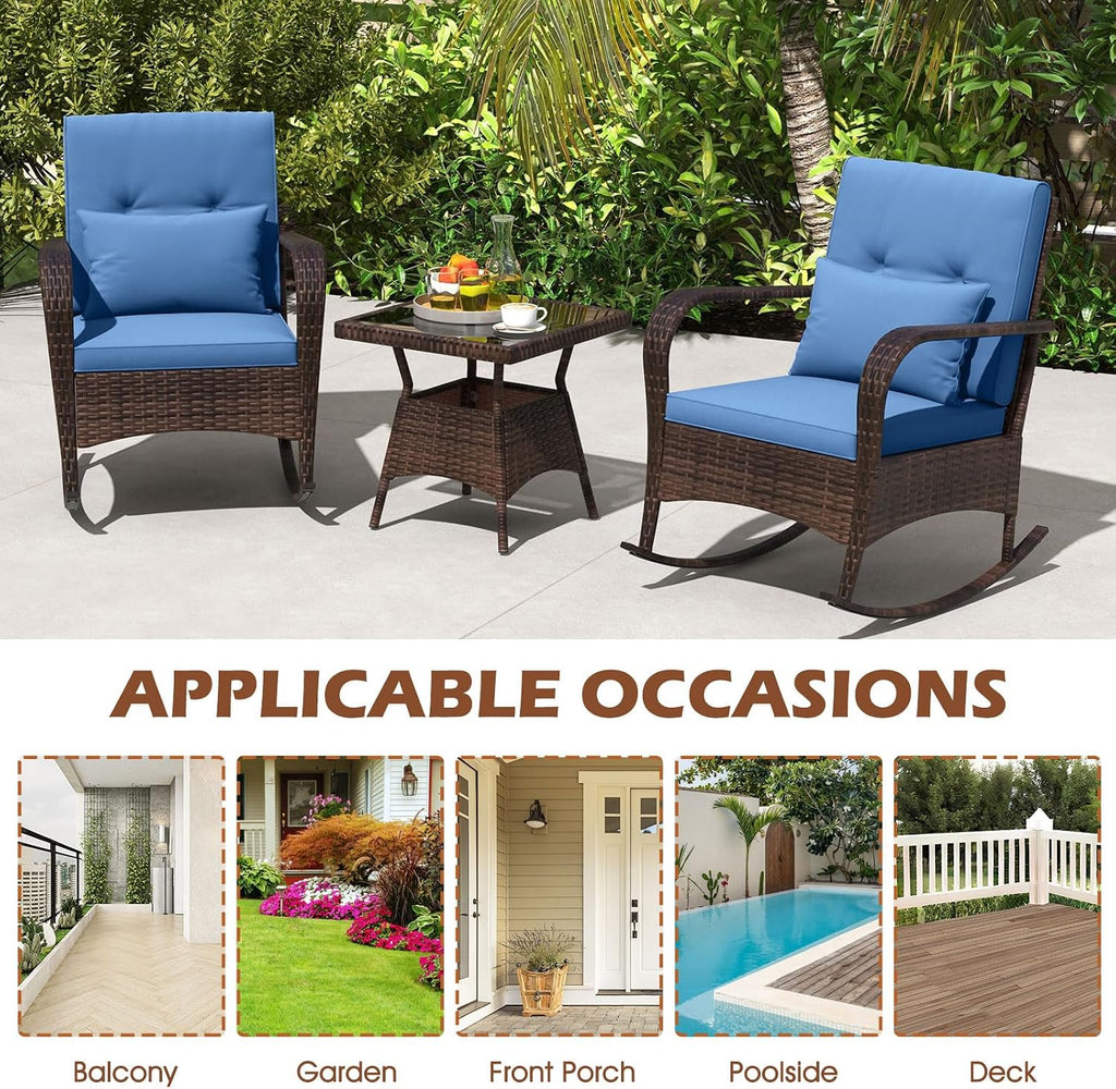 ORALNER 3 Pieces Patio Furniture Set, Outdoor Wicker Rocking Chairs with Cushions, Pillows, Glass Coffee Table, Rattan Bistro Rocker Set for Balcony Front Porch Poolside Garden Deck Yard (Navy)