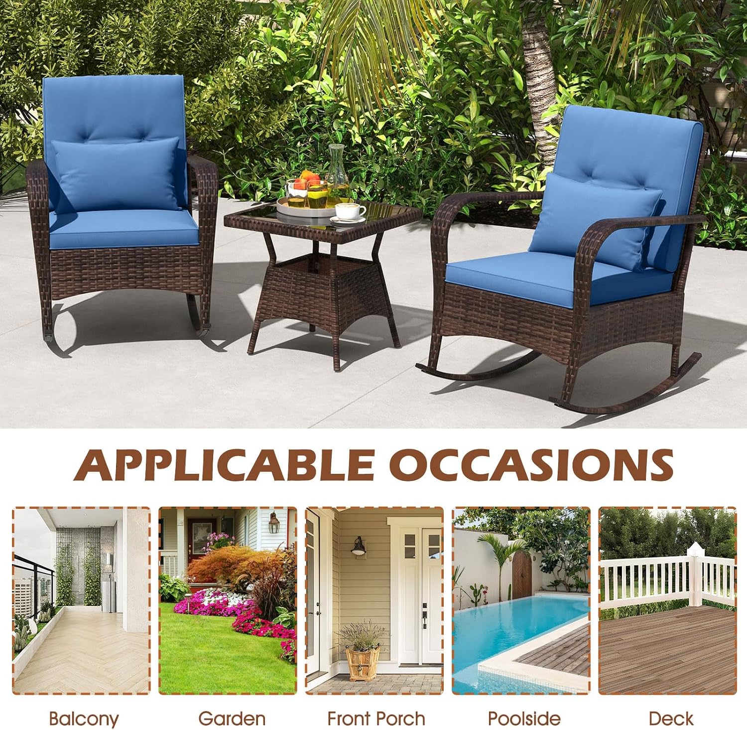 ORALNER 3 Pieces Patio Furniture Set, Outdoor Wicker Rocking Chairs with Cushions, Pillows, Glass Coffee Table, Rattan Bistro Rocker Set for Balcony Front Porch Poolside Garden Deck Yard (Navy)