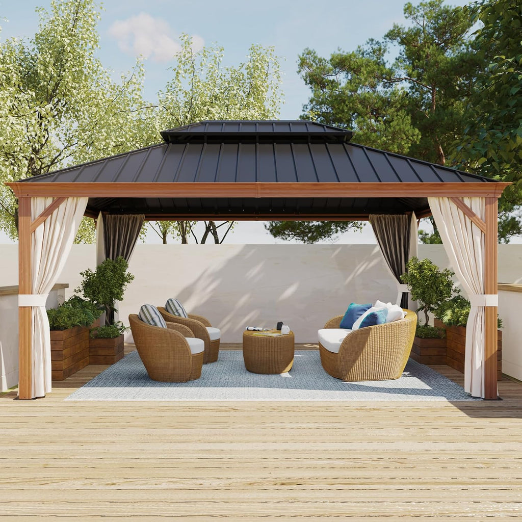 12x16 Hardtop Gazebo with Netting and Curtains, Galvanized Steel Double Roof Outdoor Pavilion with Wood Grain Aluminum Frame, Patio Gazebo for Deck, Garden, Lawn, Woodgrain/Black
