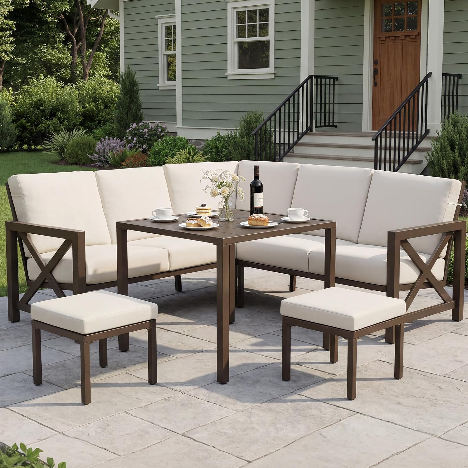 NATURAL EXPRESSIONS 8 Pieces Patio Furniture Sets,Metal Outdoor Sectional Furniture L Shape Conversation Sets with Dining Table,2 Ottomans,Highback Frame,Large Waterproof Cover, 6.5' Cushions for Yard
