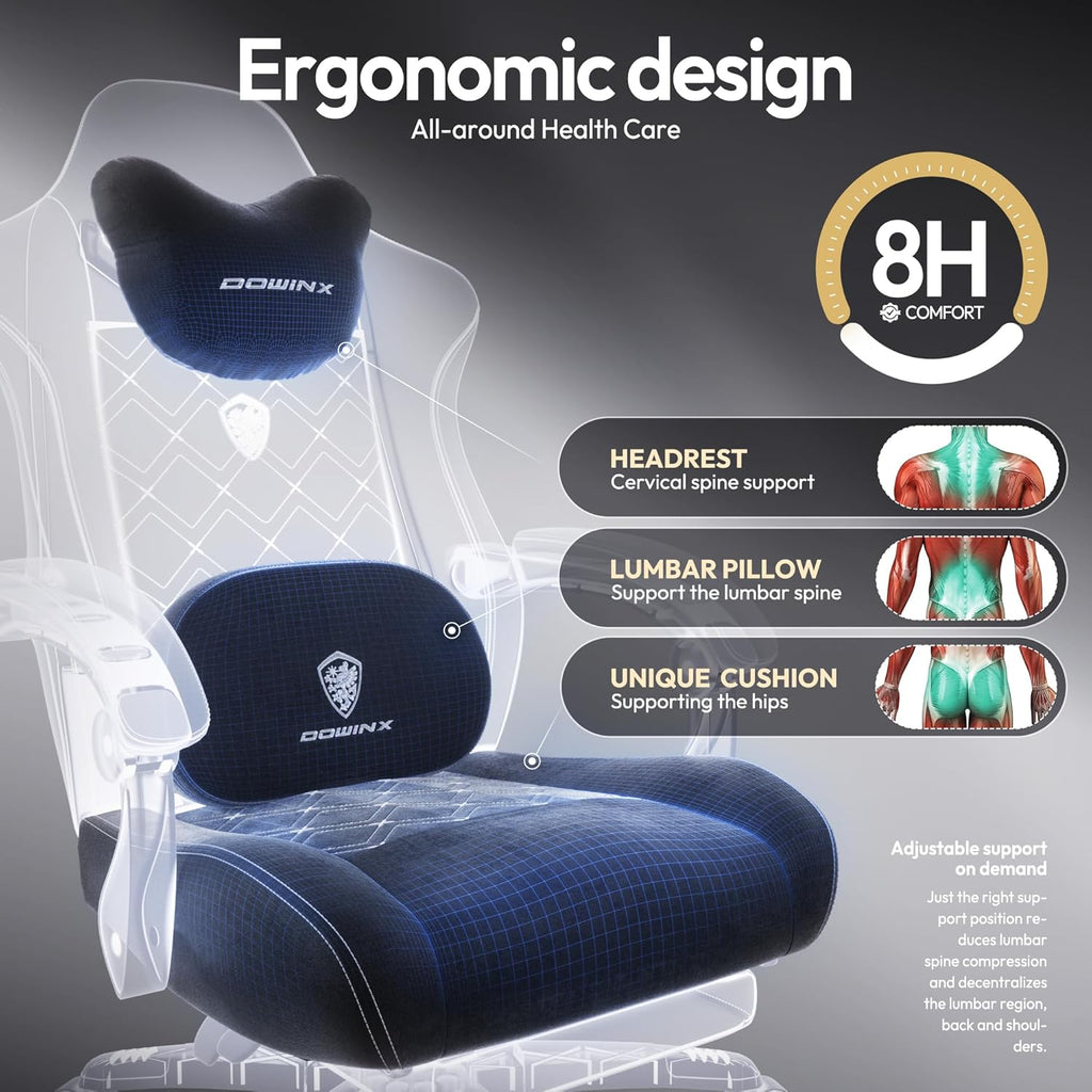 Dowinx Gaming Chair with Heated Massage Lumbar Support,Big and Tall Fabric Gaming Chairs for Adults with Footrest, Ergonomic Computer Game Chair with Poket Spring Cushions, 350lbs, Black