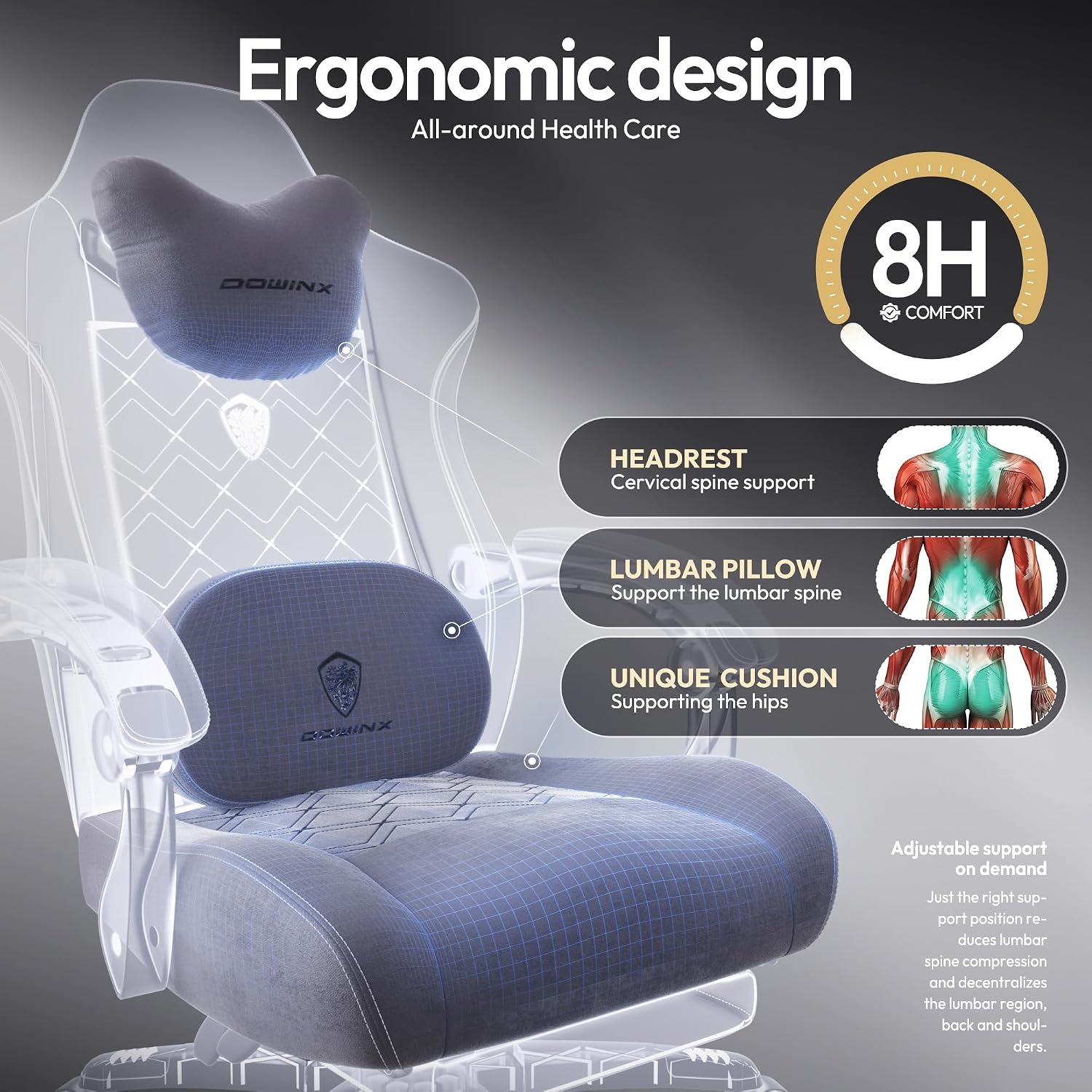 Dowinx Gaming Chair with Heated Massage Lumbar Support,Big and Tall Fabric Gaming Chairs for Adults with Footrest, Ergonomic Computer Game Chair with Poket Spring Cushions, 350lbs, Gray