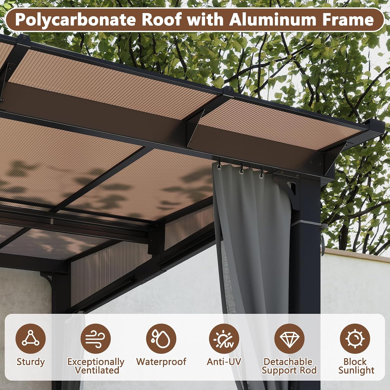 10'x10' Lean to Gazebo with Aluminum Frame, Polycarbonate Panel Sloped Roof, Wall Gazebos Pergola with Curtains and Netting for Patio,Decks, Garden and Lawn