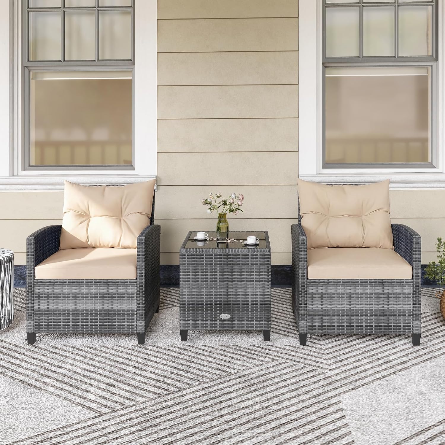 RELAX4LIFE 3 Piece Patio Furniture Set, Wicker Bistro Conversation Set w/2 Cushioned Armchairs & Glass Topped Table, Outdoor Rattan Sofa Set Patio Furniture for Porch Balcony Poolside (Grey-Beige)