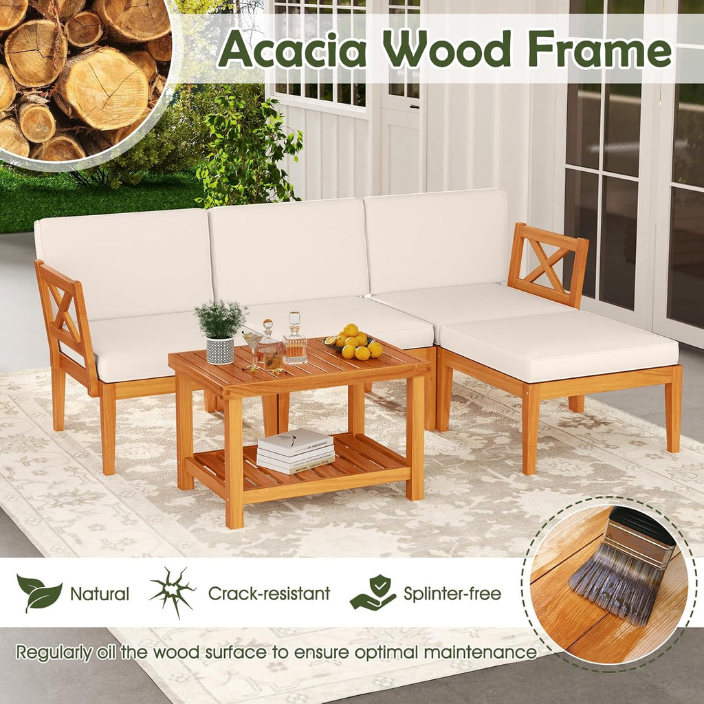 Tangkula L Shaped Outdoor Furniture Set, 5 Pieces Acacia Wood Patio Conversation Set, Modular Outdoor Lounge Sofa Set w/Cushions and Coffee Table for Garden, Backyard, Poolside