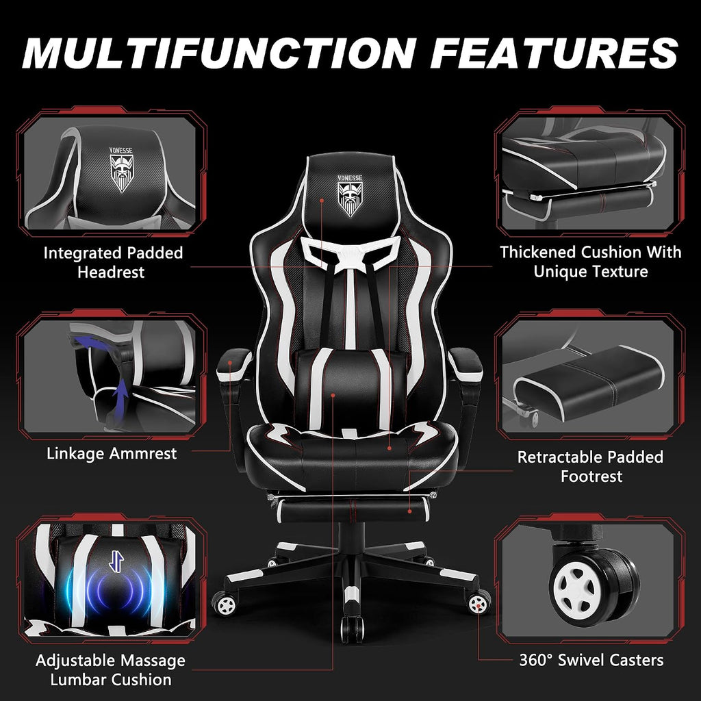 Vonesse Gaming Chair with Footrest,Reclining Computer Gaming Chair for Adults,Big and Tall Gamer Chair with Massage,Ergonomic High Back (White/Black)
