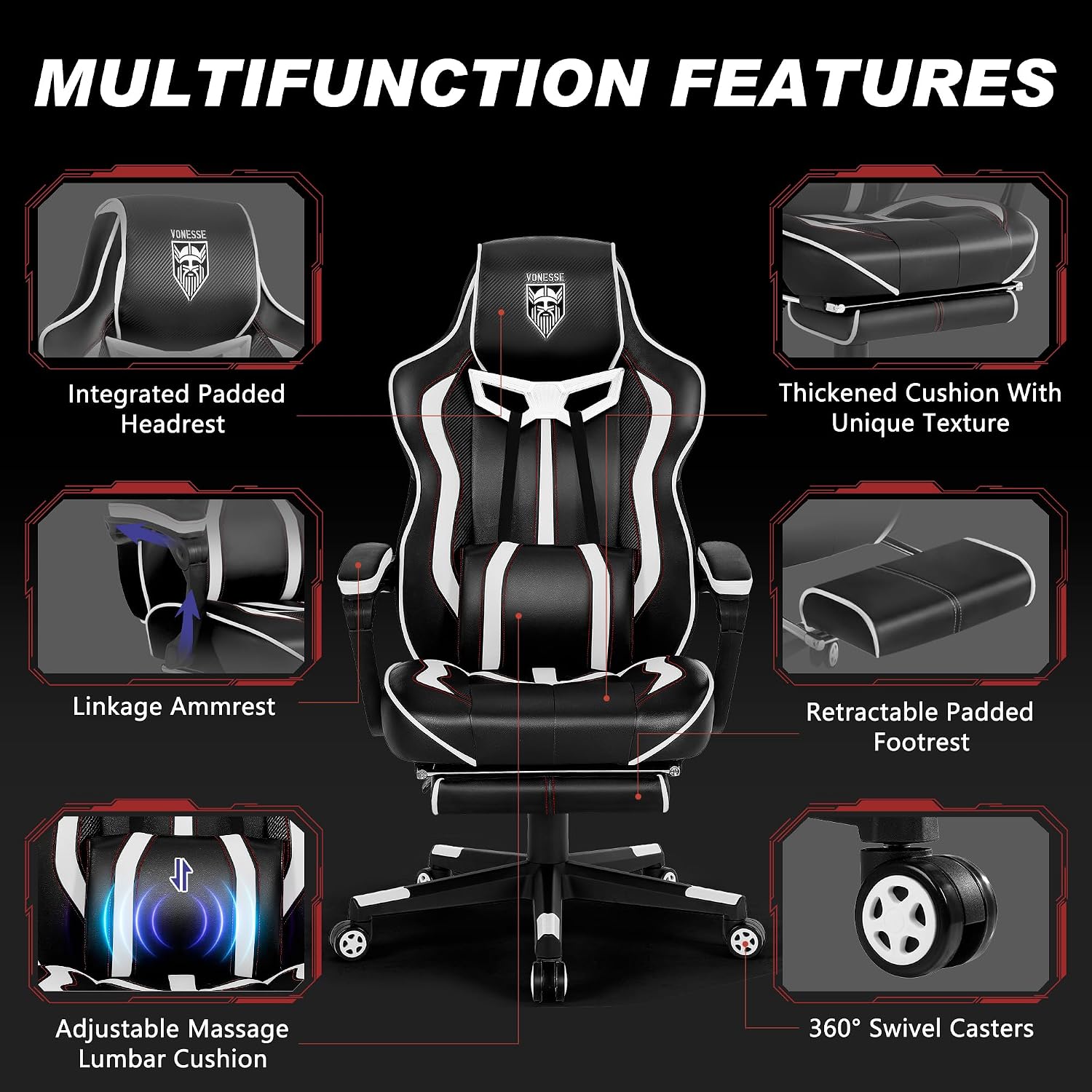 Vonesse Gaming Chair with Footrest,Reclining Computer Gaming Chair for Adults,Big and Tall Gamer Chair with Massage,Ergonomic High Back (White/Black)