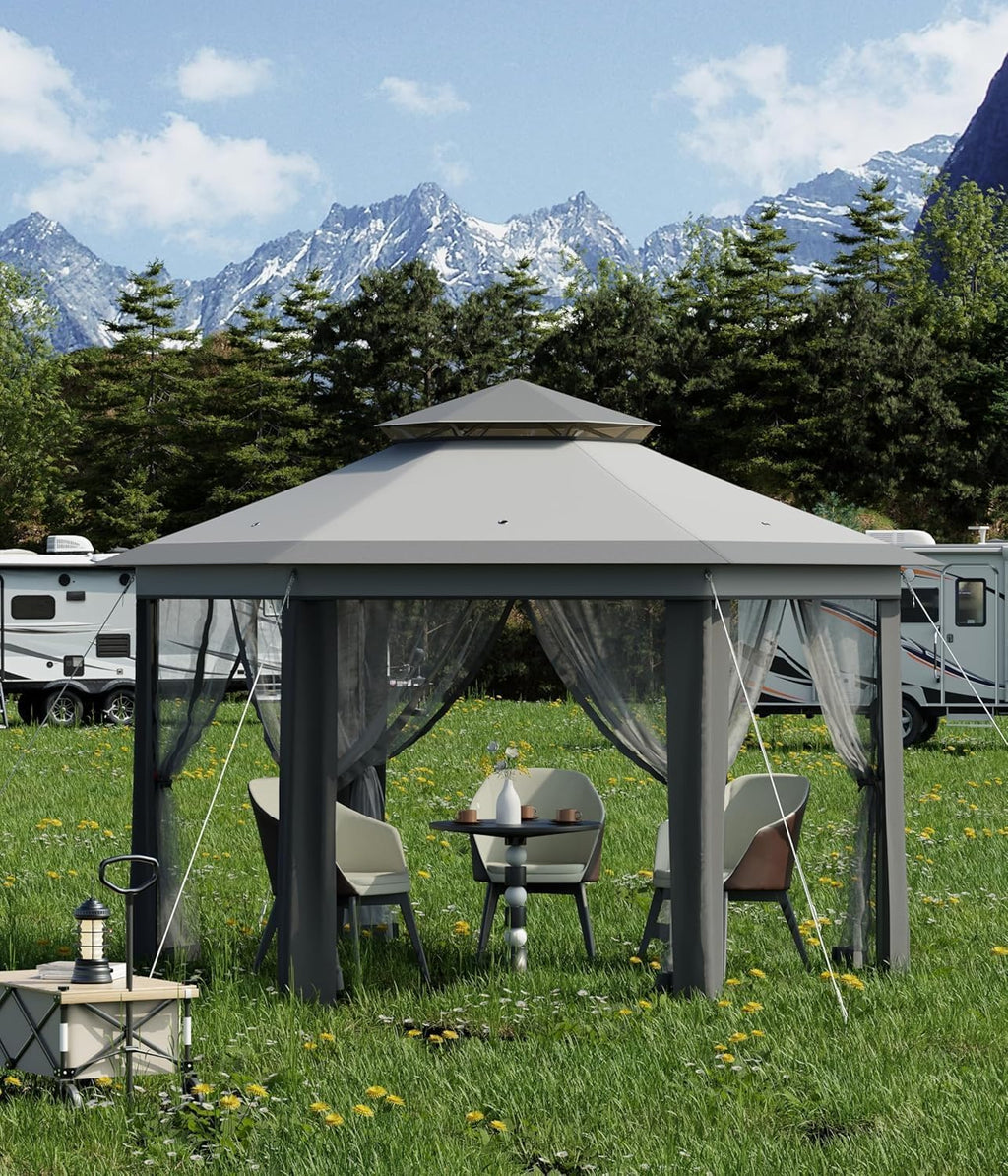 13'X13' Pop Up Gazebo,Patio Portable Gazebos with Mosquito Netting,Double-Layer Outdoor Canopy Tent,Hexagonal Pavilion for Garden Backyard Lawn & Deck,Heavy Duty Party