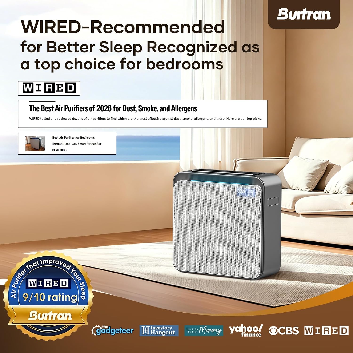 BURTRAN A31 H14 HEPA Air Purifier for Home Large Room Bedroom up to 1360ft²,Ultra-Quiet Sleep Modes, Nano-Oxy Negative Ions,PM2.5 & TVOC Smart Monitor, 5-Stage Filtration,WiFi,Sleep Support