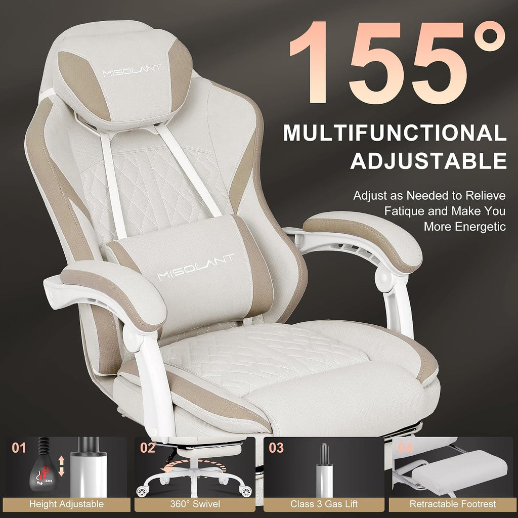 Misolant Gaming Chair, Fabric Gamer Chair with footrest for Adults, High Back Ergonomic Computer Game Chair with Adjustable Headrest and Massage Lumbar Support, 90-155° Recline Free, Beige