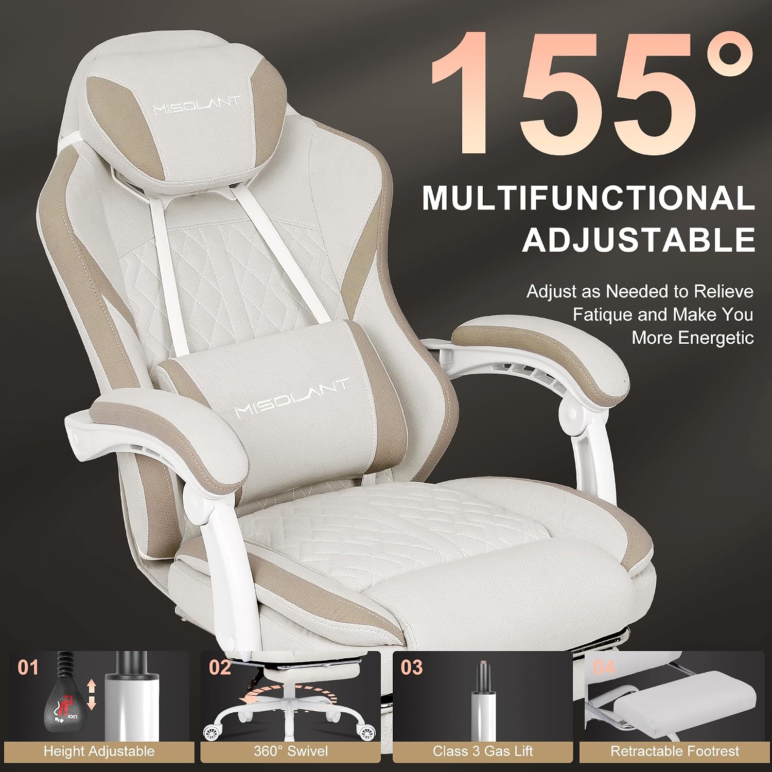 Misolant Gaming Chair, Fabric Gamer Chair with footrest for Adults, High Back Ergonomic Computer Game Chair with Adjustable Headrest and Massage Lumbar Support, 90-155° Recline Free, Beige