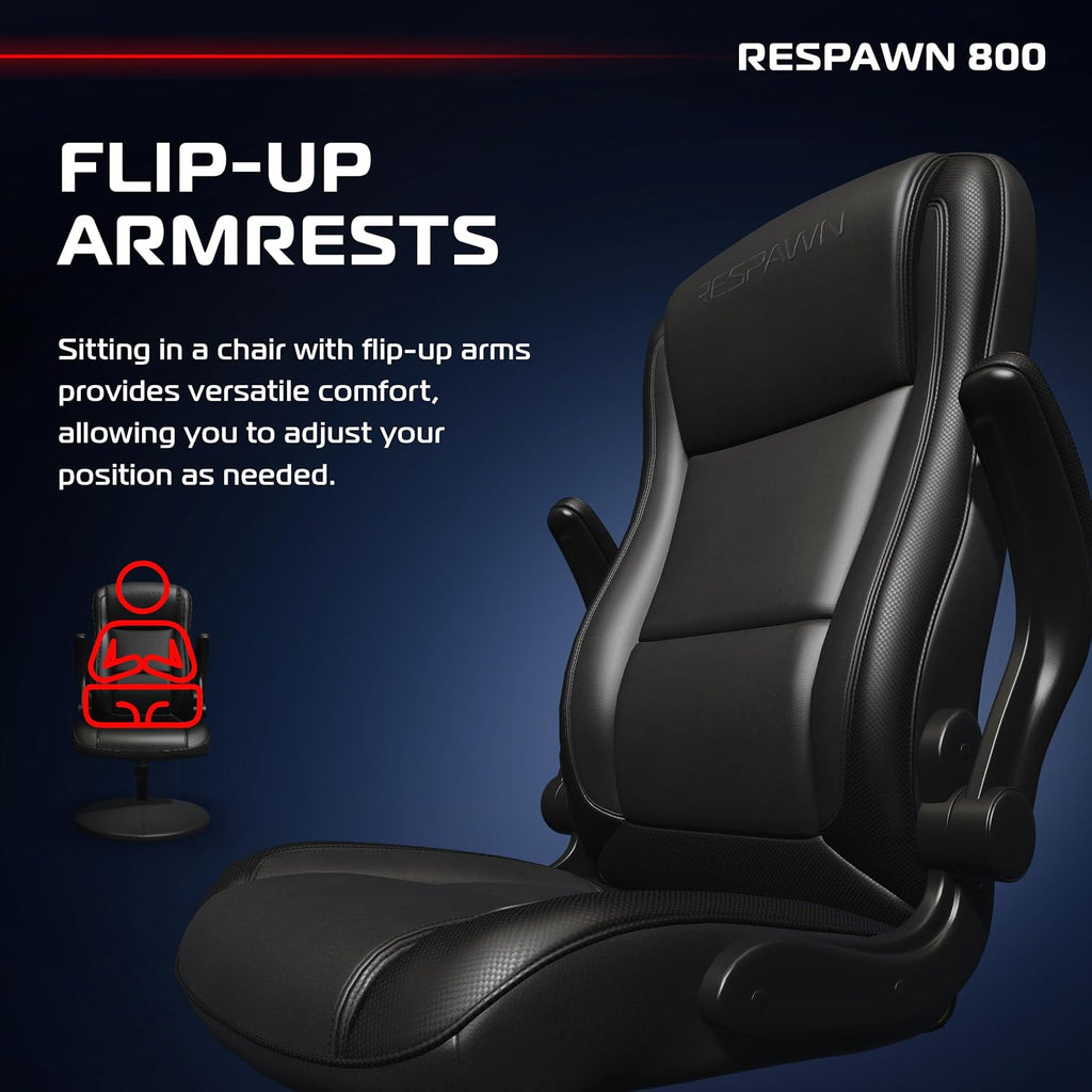 RESPAWN 800 Swivel Rocker Gaming Chair - Ergonomic Floor Gaming Seat with Lumbar Support, Flip Up Armrest, High Back, Pedestal Base, Comfortable No Wheels Console Video Game Rocker Chair - Black