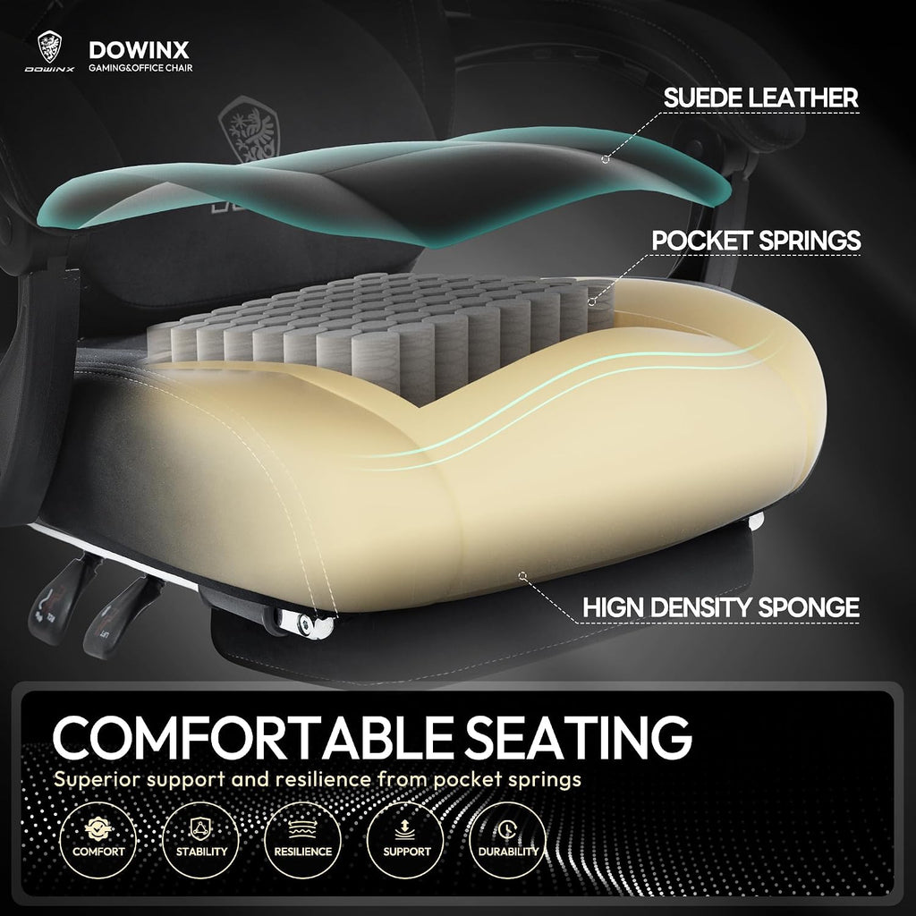 Dowinx Fabric Gaming Chair with Heated Massage Lumbar Support, Game Chairs for Adults, Big and Tall Gamer Chair with Pocket Spring Cushion, High Back PC Chairs with Footrest, Black