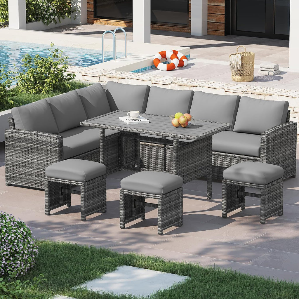 U-MAX 7 Pieces Patio Furniture Set, Outdoor Sectional Sofa Conversation Set, All Weather Wicker Rattan Dining Table & Chair with Ottoman, Grey Rattan&Grey Cushion