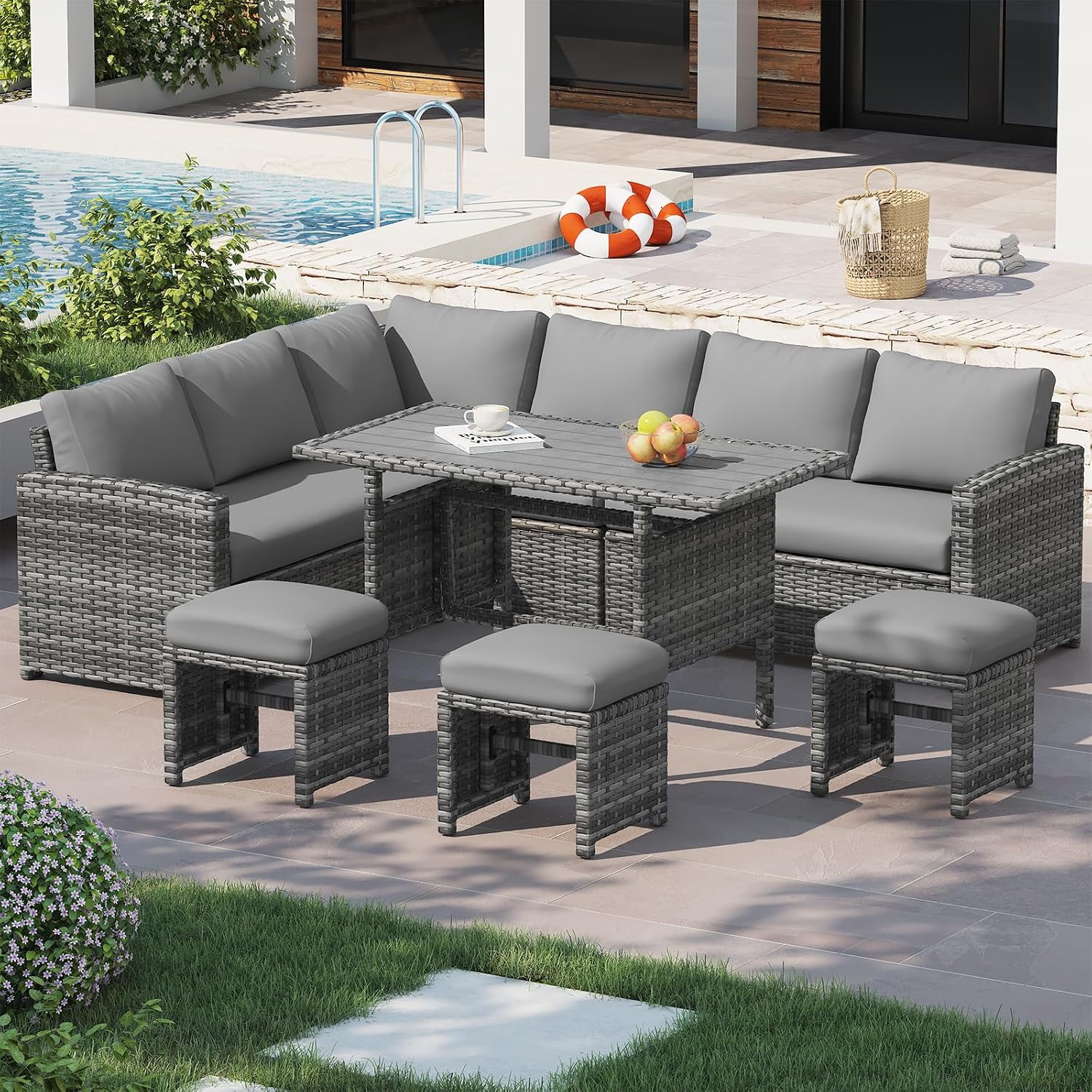 U-MAX 7 Pieces Patio Furniture Set, Outdoor Sectional Sofa Conversation Set, All Weather Wicker Rattan Dining Table & Chair with Ottoman, Grey Rattan&Grey Cushion
