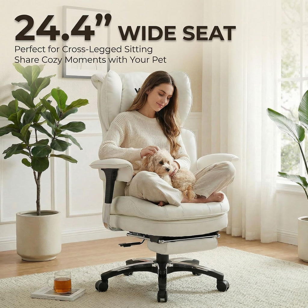 Efomao White Executive Office Chair with Footrest, Big and Tall 400lbs Extra Wide High Back Chair, Plush Pocket Spring Cushion for Home Office, Reclining Desk Chair with Large Padded Armrests
