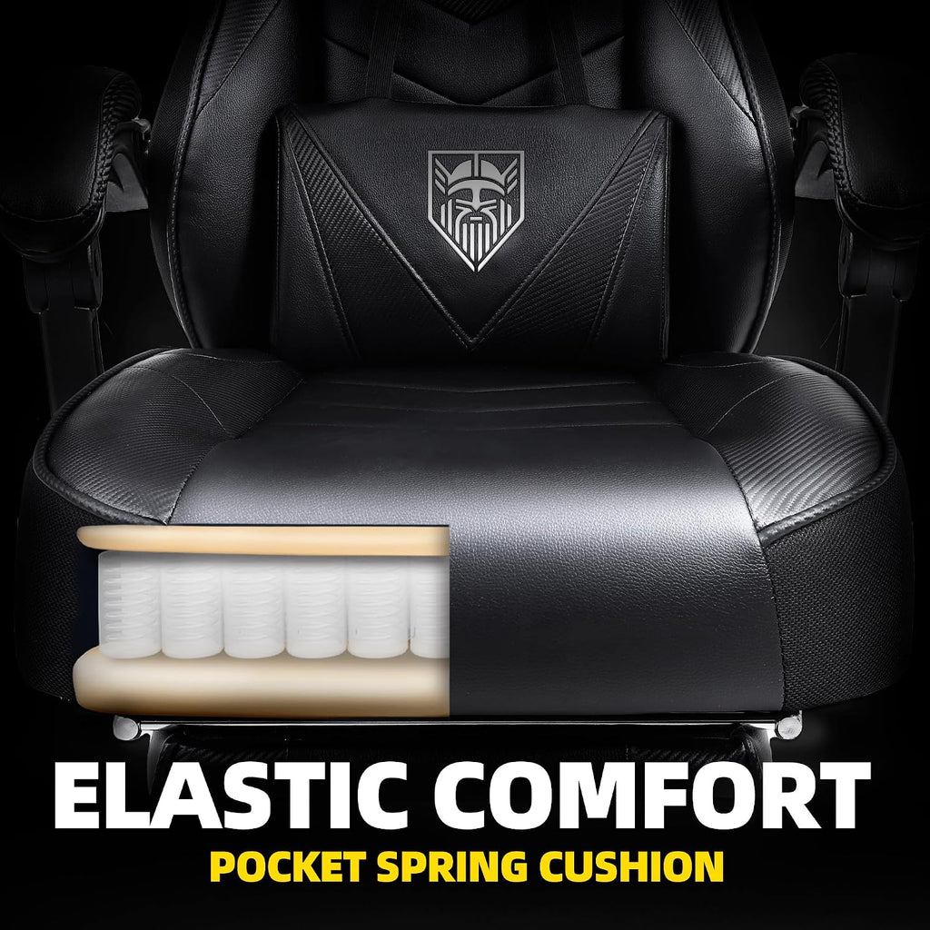 Vonesse Gaming Chair, High Back Office Chair with Footrest and Massage, Gaming Chairs for Adults with Pocket Spring Cushion, Big and Tall Reclining Computer Chair with Lumbar Support (Classic Black)