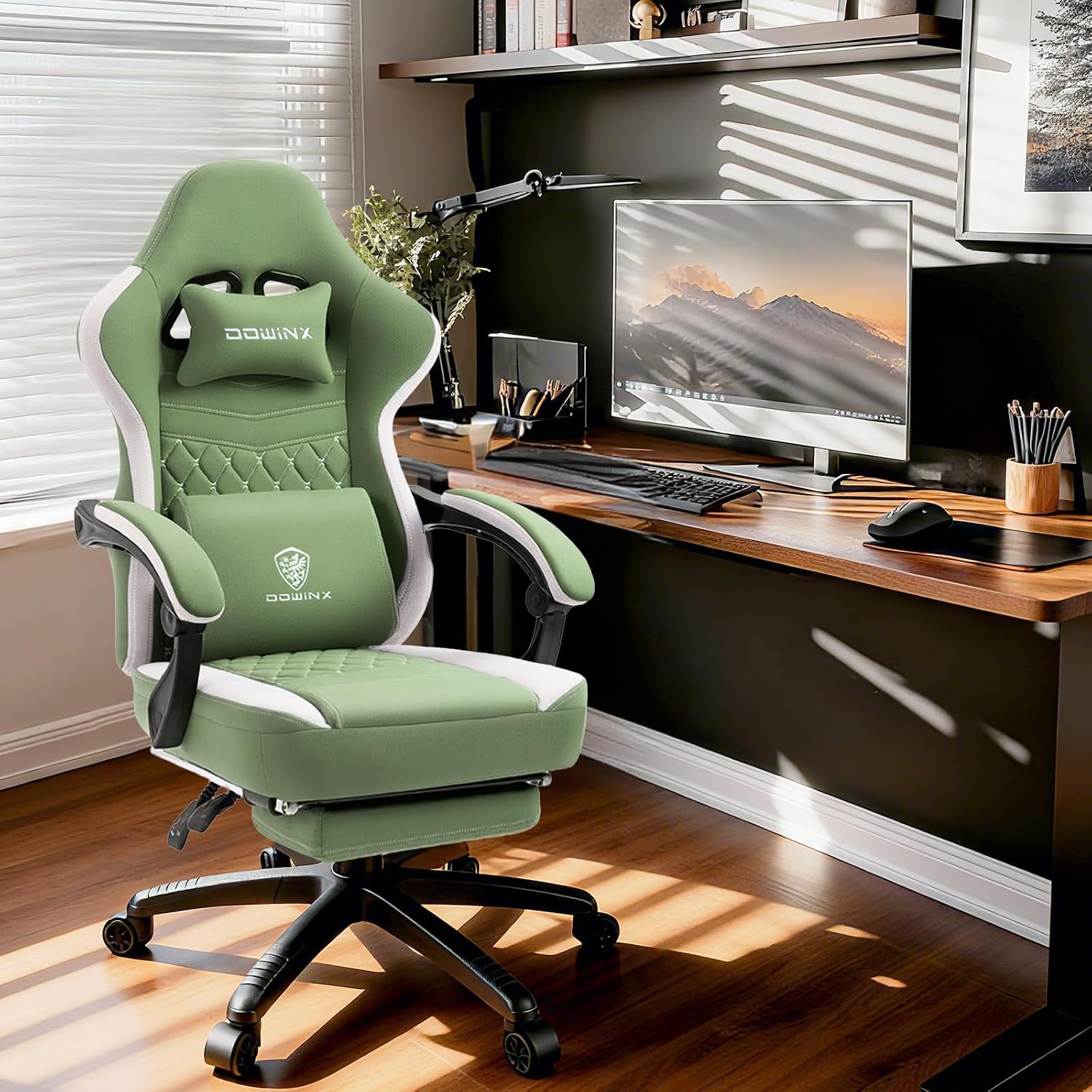 Dowinx Gaming Chair Breathable Fabric Game Chair with Gel Pad and Storage Bag, Comfortable Gamer Chair with Pocket Spring Cushion,Ergonomic Computer Chair with Footrest,Green