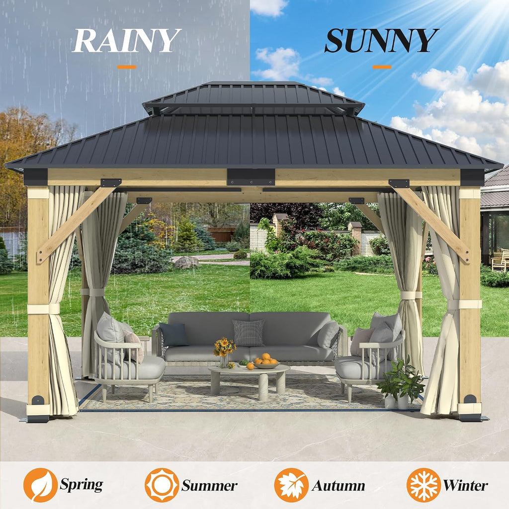 GARTOO 11'x13' Outdoor Patio Wooden Gazebo - Patio Galvanized Steel Hardtop Pavilion with Double Curtains, Vented Wood Gazebo for Garden, Porch, Lawn, Poolside, Backyard