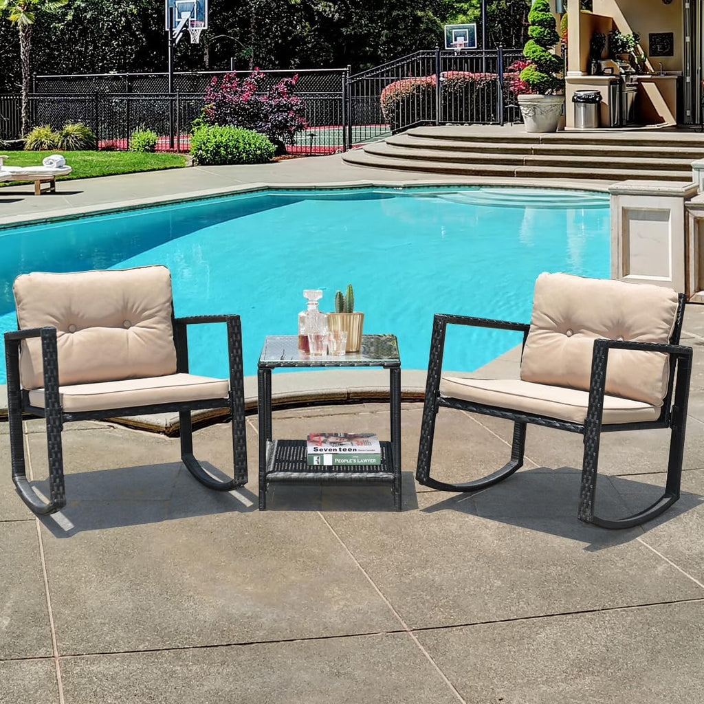 COSTWAY 3 Pieces Patio Rattan Rocking Chair Set, Outdoor Conversation Furniture Sets with Coffee Table, Storage Shelf and Cushions, Modern Bistro Set for Porch, Backyard, Garden, Beige