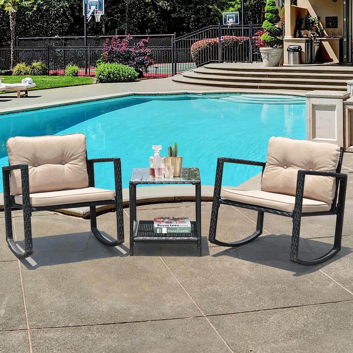 COSTWAY 3 Pieces Patio Rattan Rocking Chair Set, Outdoor Conversation Furniture Sets with Coffee Table, Storage Shelf and Cushions, Modern Bistro Set for Porch, Backyard, Garden, Beige