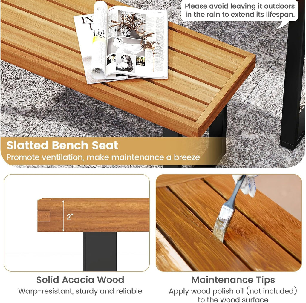 Tangkula 3 Pieces Patio Dining Table Set, 63' Rectangle Acacia Wood Table with Umbrella Hole and 2 Backless Bench with Metal Frame, Outdoor Dinette Furniture for Garden Yard