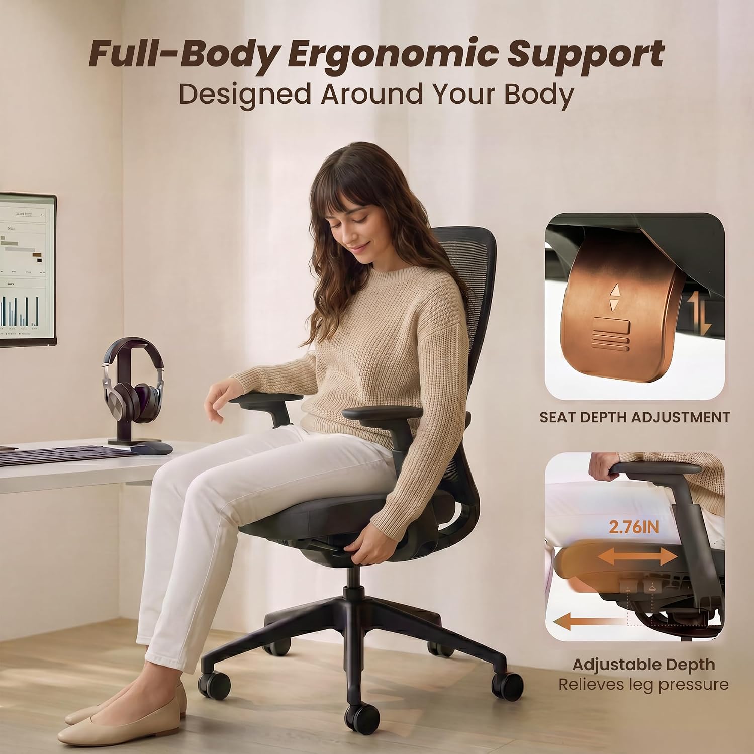 COLAMY Office Chair for Long Hours, Easy Wire-Control Desk Chair with Sliding Seat Depth & Thick Padded Lumbar Support, Heavy Duty 300 LBS High Back Mesh Computer Chair for Home Workstation,Black