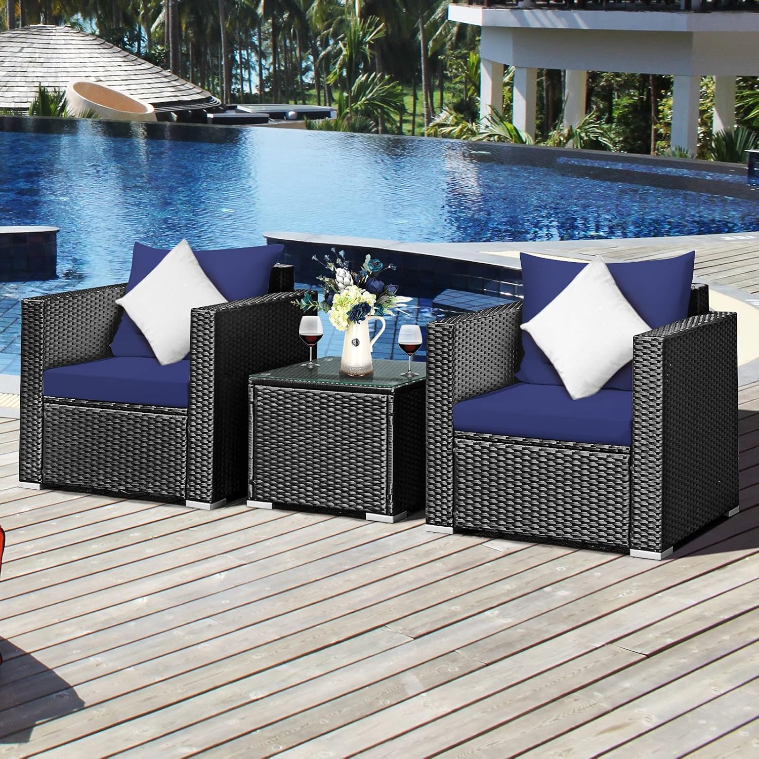 COSTWAY 3-Piece Outdoor Patio Furniture Set, Cushioned Armchairs and Tempered Glass Coffee Table, Wicker Rattan Sofa Set for Garden, Balcony, Backyard (Navy)