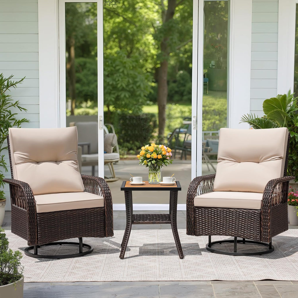 Greesum 3-Piece Outdoor Swivel Rocker, Luxury Wicker Patio Furniture Set with Rattan Side Table&Thick Detachable Cushions for Deck Lawn Poolside Brown/Beige