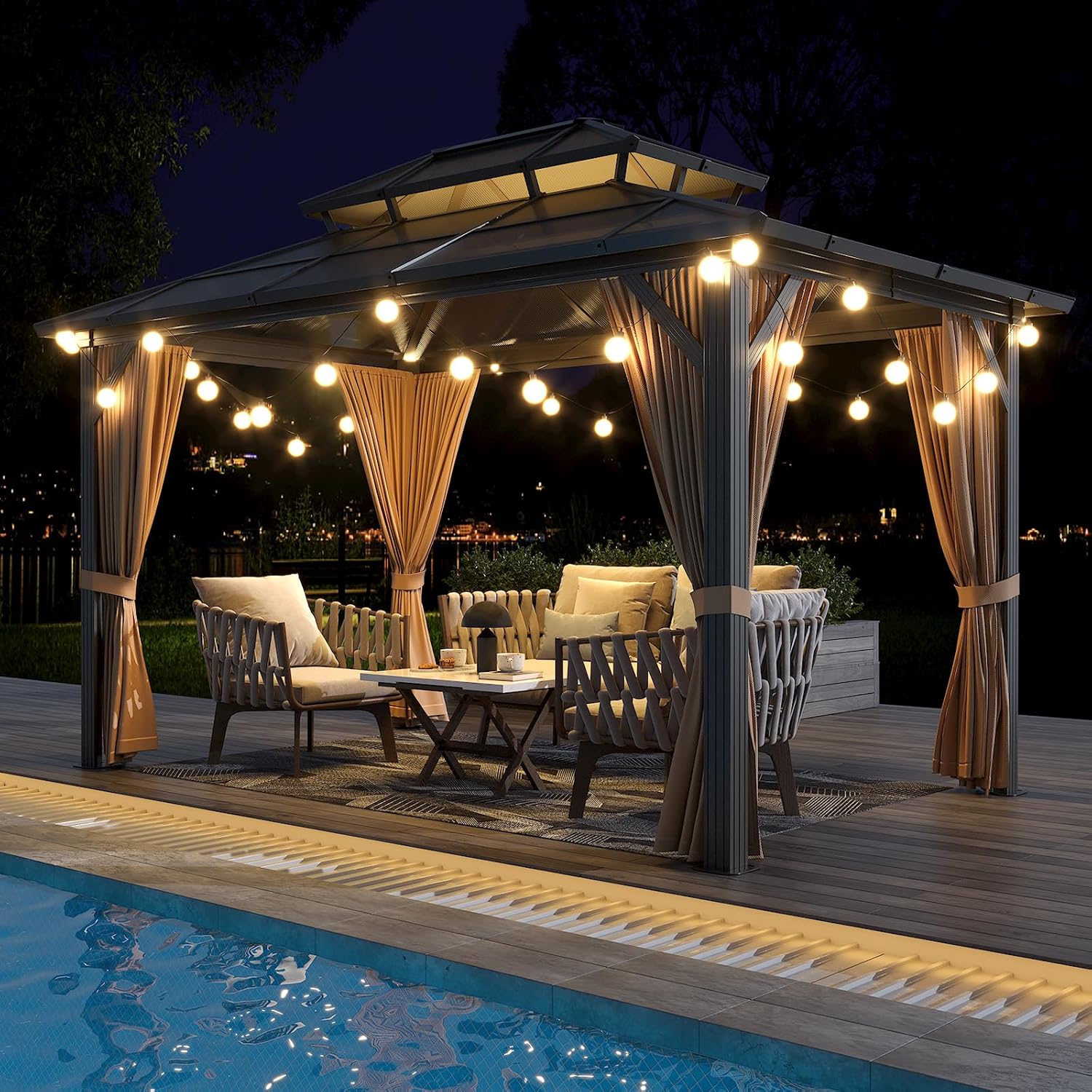 GAOMON 10x13ft Hardtop Gazebo, Outdoor Polycarbonate Double Roof Canopy, Aluminum Frame Permanent Pavilion with Curtains and Netting for Garden, Patio, Lawns (Brown)