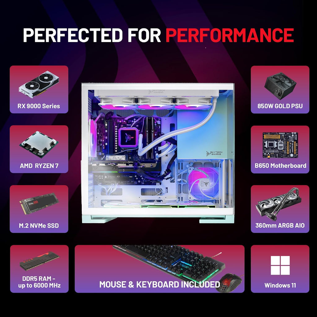 Skytech Gaming Aqua Gaming PC, AMD Ryzen 7 7800X3D 4.2GHz, AMD RX 9060XT 16GB VRAM, 1TB Gen4 NVMe SSD, 16GB DDR5 RAM 6000, 850W Gold ATX 3 PSU, 360 ARGB AIO, WI-FI 5, Windows 11, Desktop