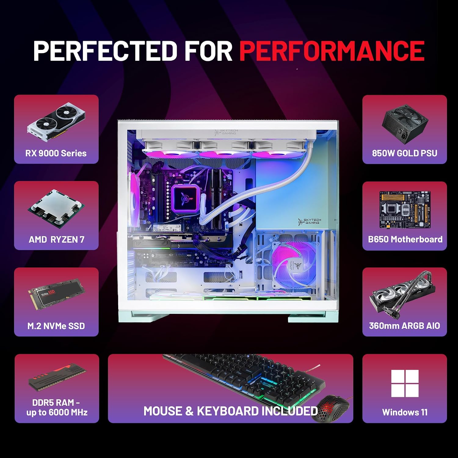 Skytech Gaming Aqua Gaming PC, AMD Ryzen 7 7800X3D 4.2GHz, AMD RX 9060XT 16GB VRAM, 1TB Gen4 NVMe SSD, 16GB DDR5 RAM 6000, 850W Gold ATX 3 PSU, 360 ARGB AIO, WI-FI 5, Windows 11, Desktop
